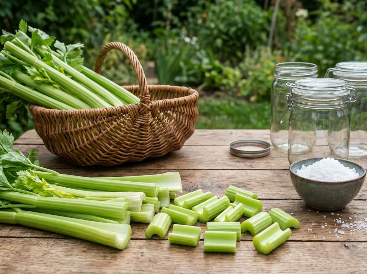 Côtes de céleri branche coupées en tronçons prêtes à être blanchies pour la congélation