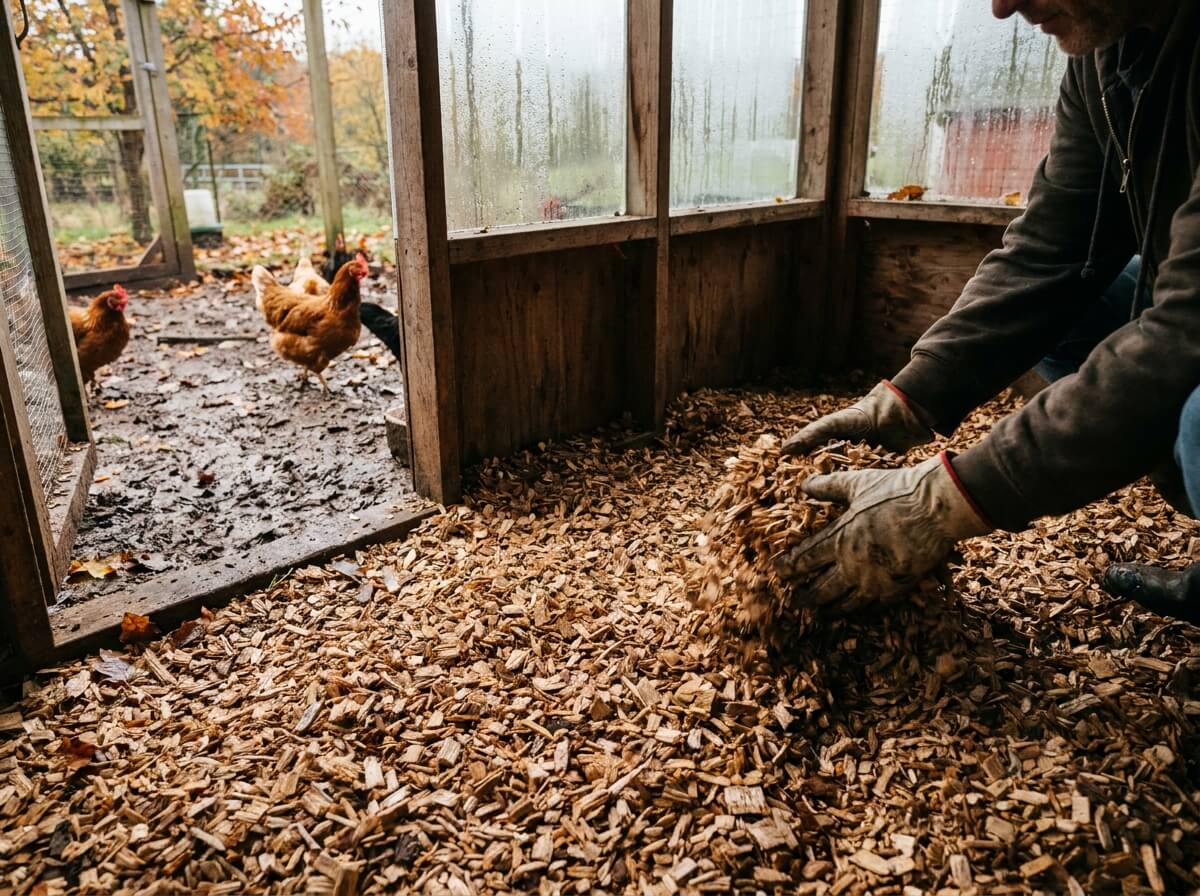 Mains étalant une épaisse litière de copeaux de bois sur le sol d'un poulailler en automne
