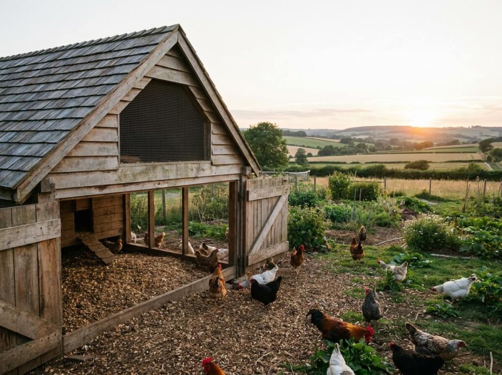 Poules dans un poulailler sur litière sèche