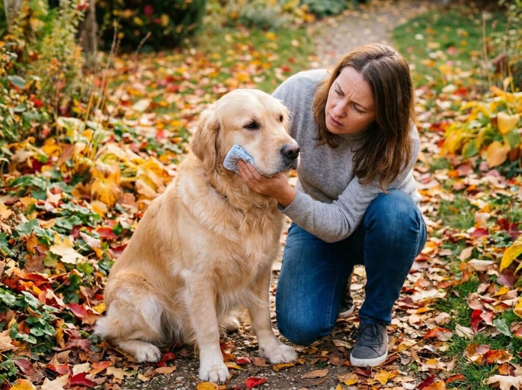Chien examiné par sa maîtresse au jardin