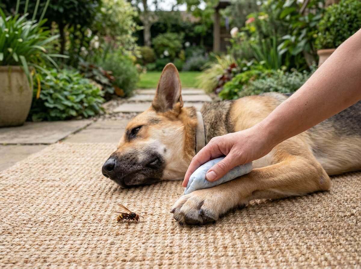 Main appliquant une compresse froide sur la patte avant d'un chien allongé sur un tapis
