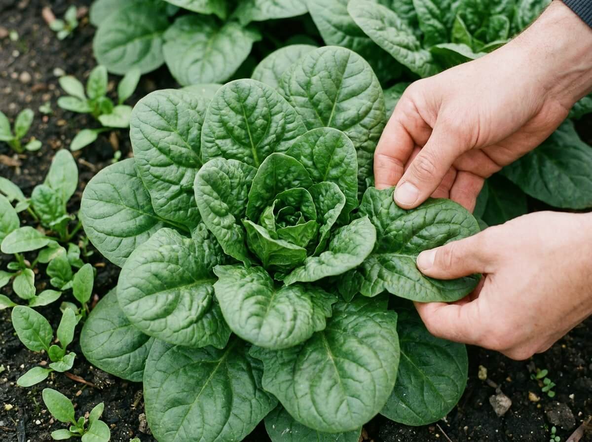 Main qui cueille feuille à feuille les épinards extérieurs d'une rosette en laissant le cœur intact