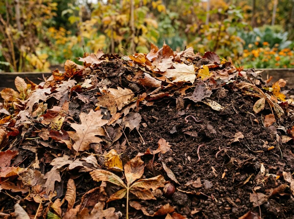 Tas de feuilles mortes en décomposition formant un terreau brun foncé et friable