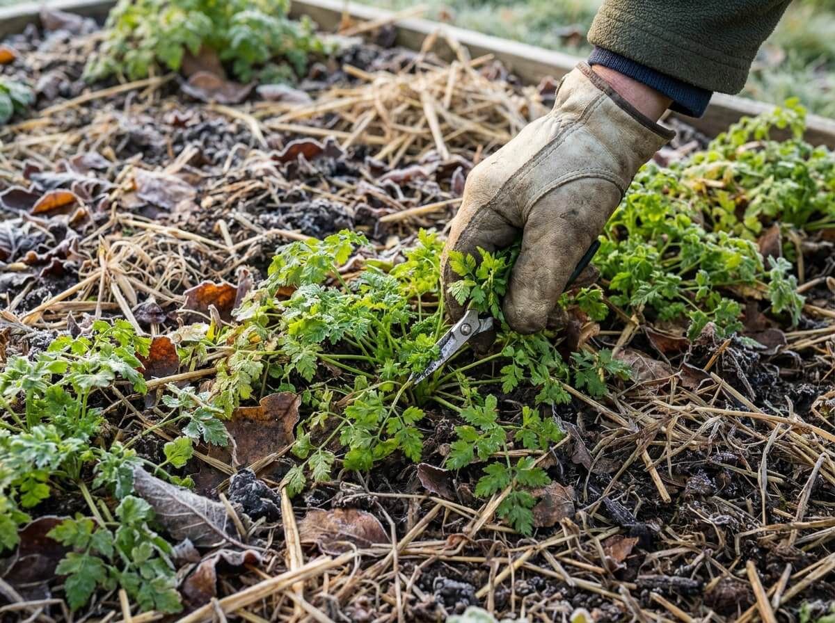 Main cueillant des feuilles de cerfeuil au ras du sol dans une planche paillée d'automne