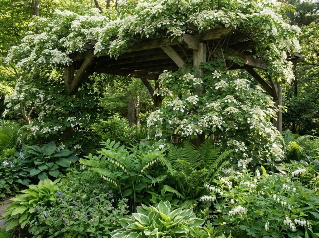 Pergola ombragée couverte de fleurs blanches