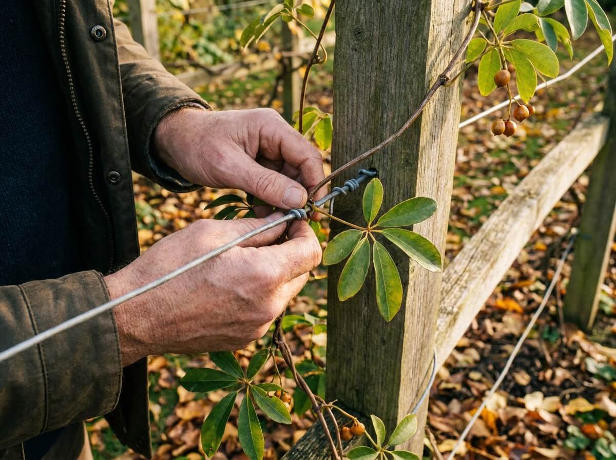 Mains fixant une tige volubile sur un fil galvanisé tendu le long d'un poteau de pergola