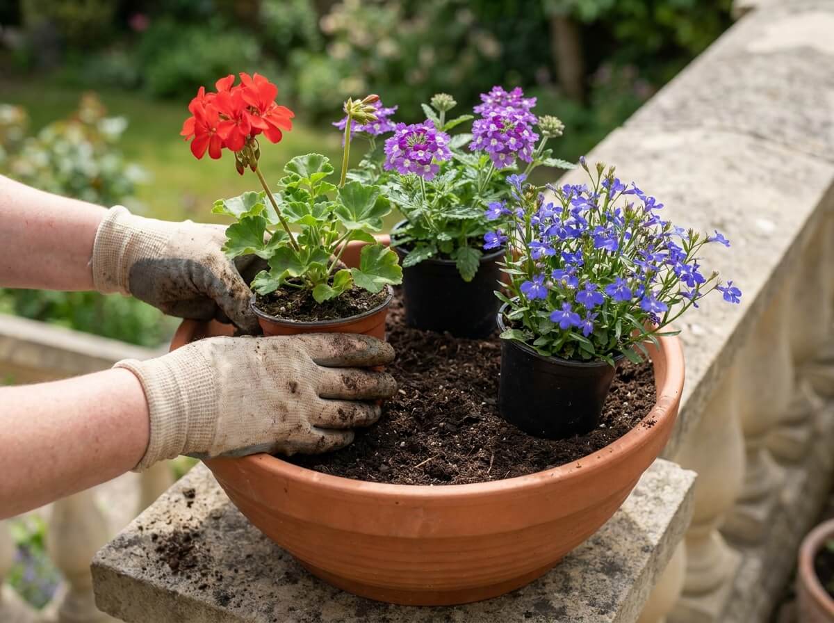 Mains disposant trois godets de fleurs dans un grand pot en terre cuite avant mise en place