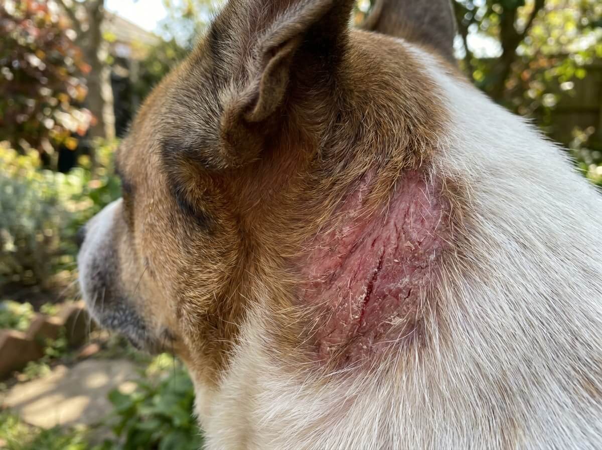 Gros plan sur une zone de peau rougie et irritée derrière l'oreille d'un chien