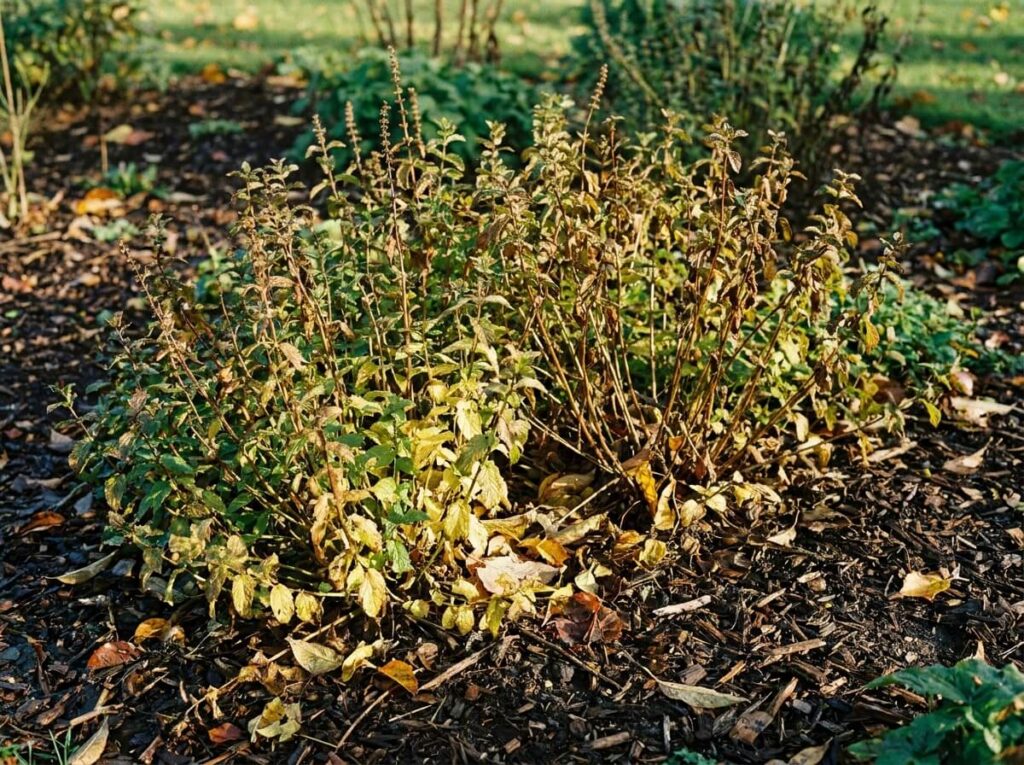 Menthe jaunie et couchée en automne