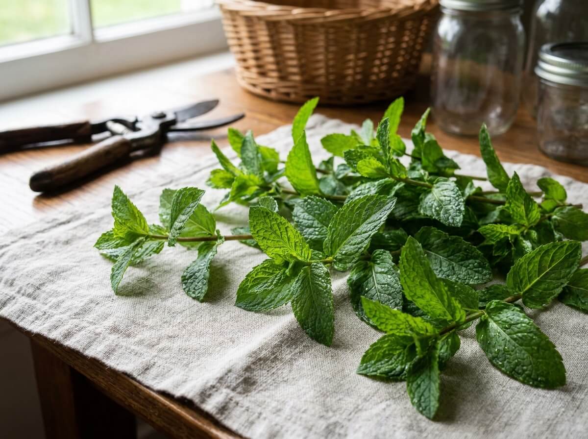Feuilles de menthe fraîchement cueillies étalées sur un torchon avant séchage à l'intérieur