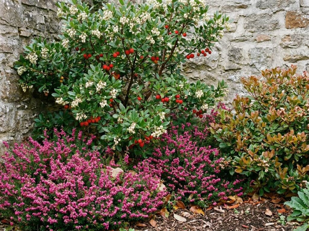 Arbustes persistants fleuris devant un mur nord