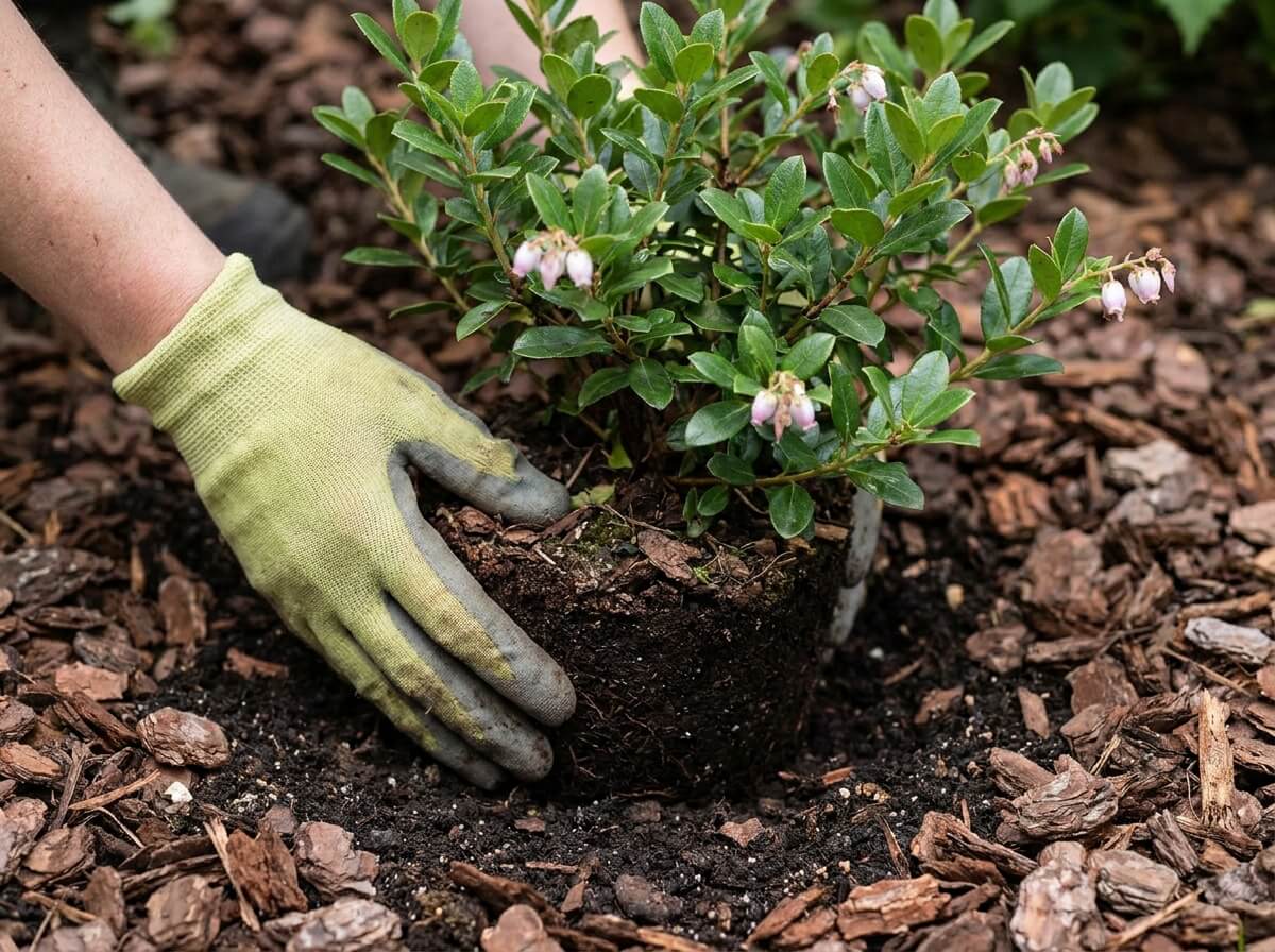 Main plantant un jeune arbuste persistant dans une terre acide paillée d'écorces