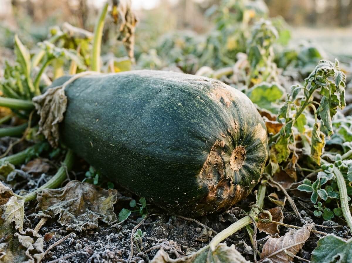 Gros plan sur une courgette verte foncée à la peau épaisse, prête à la récolte tardive