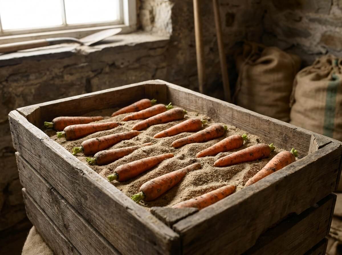 Carottes rangées en couches dans une caisse de sable sec, fanes coupées court, pour la conservation hivernale