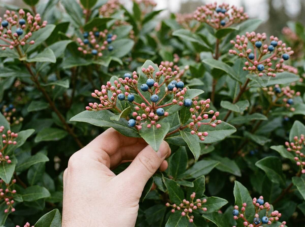 Main tenant un rameau de Viburnum tinus 'Lisarose' aux boutons roses et baies bleu métallique