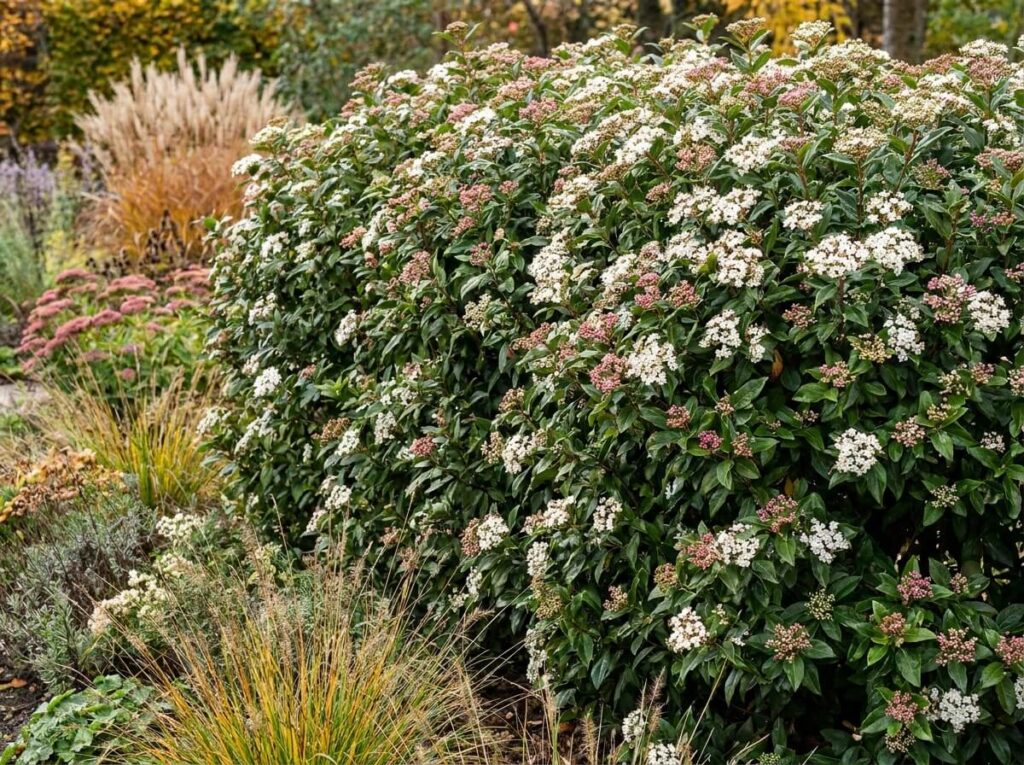 Haie de viornes en fleurs blanches et roses