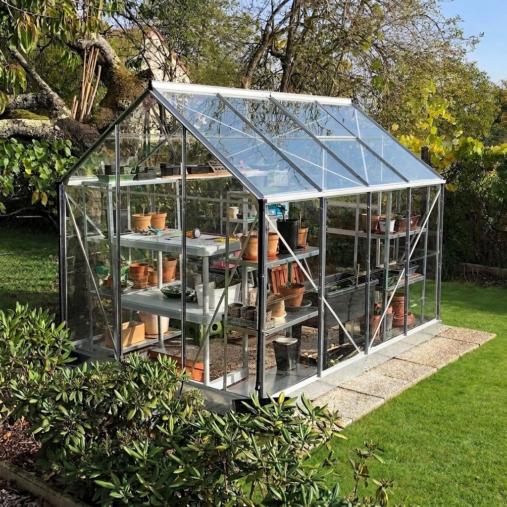 Serre en verre Allium 4,9 m² structure aluminium et verre trempé