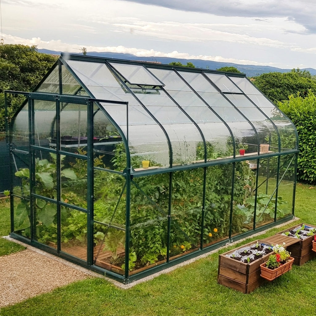 Serre en verre Aloé 9,7 m² profilés vert foncé, hauteur 2,60 m