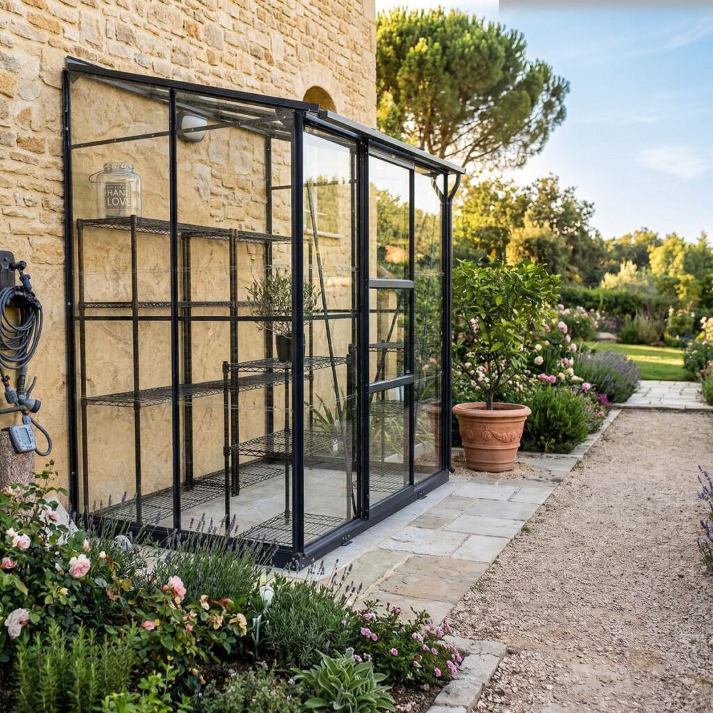 Serre en verre Mélissa 2,5 m² - Adossée avec porte coulissante