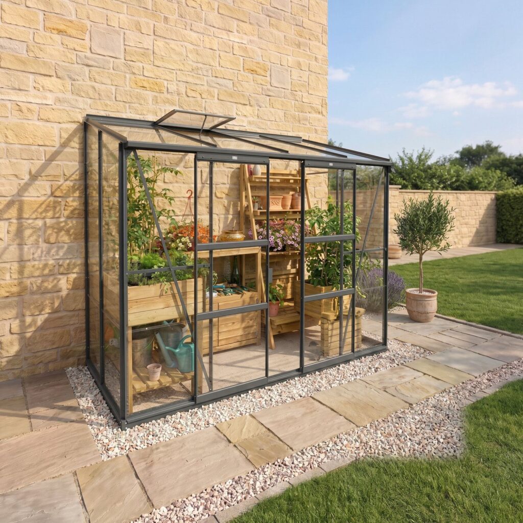 Serre en verre Mélissa 3,3 m² - Adossée avec double porte coulissante
