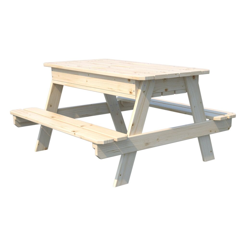 Table avec bac à sable — vue d’ensemble sur fond blanc